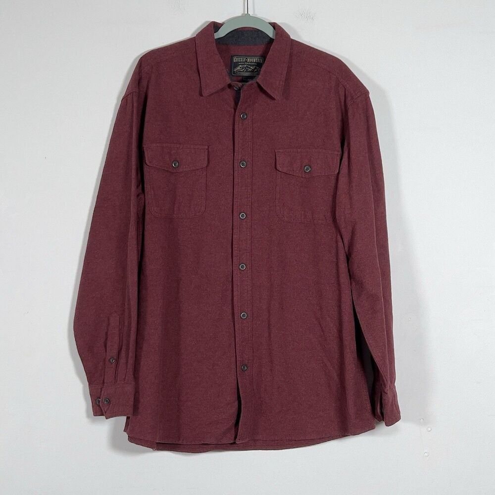 Grizzly Mountain Button Up Shirt Mens Sz 2XL Red Maroon Flannel Long‎ Sleeve